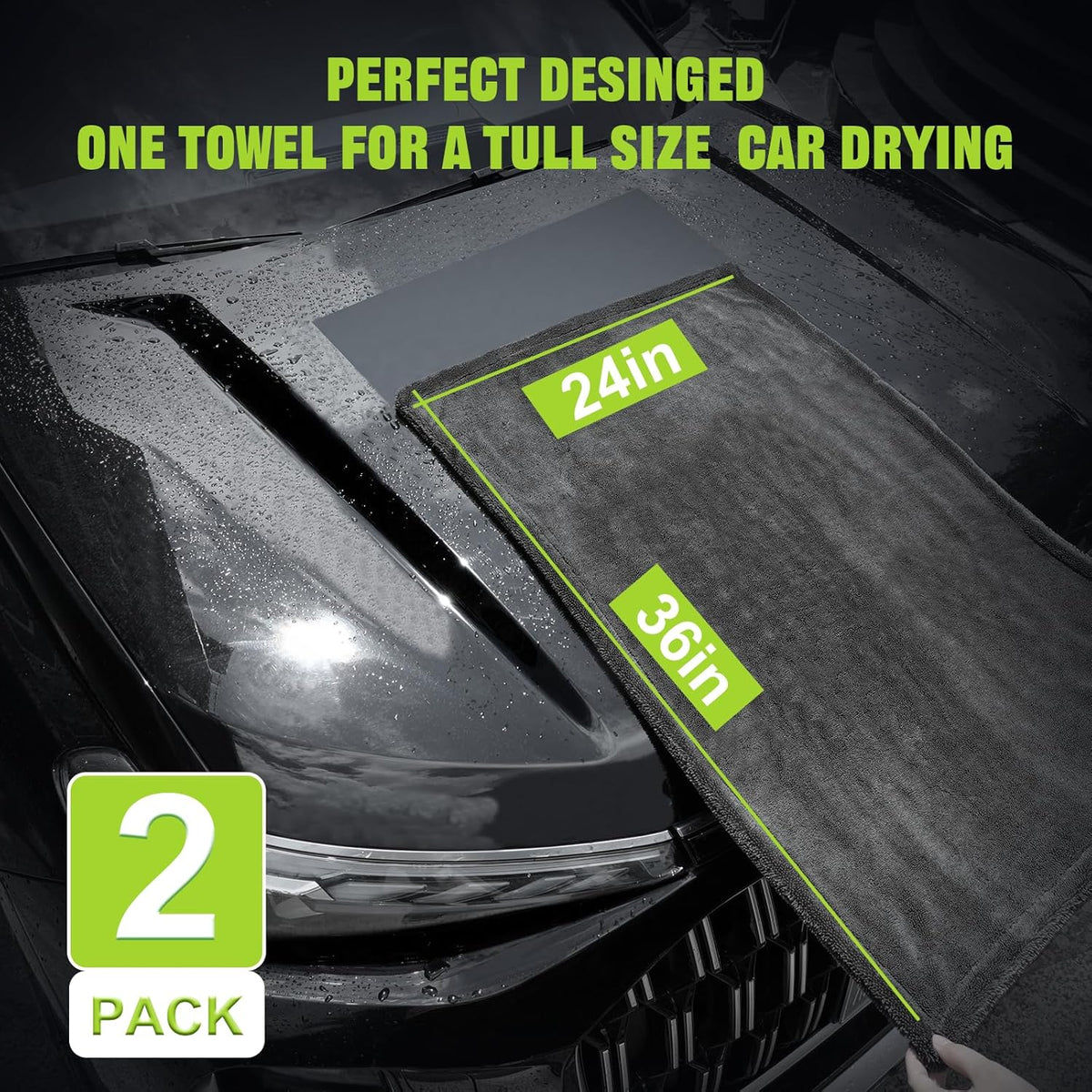 TTRCB 2 Pack 1300 GSM Car Drying Towel, Microfiber Towels for Cars - 36" x 24" & 16" x 16", Ultra-Absorbent, Streak Free, Car Wash Mitt, Car Detailing Cleaning Accessories Supplies Essentials