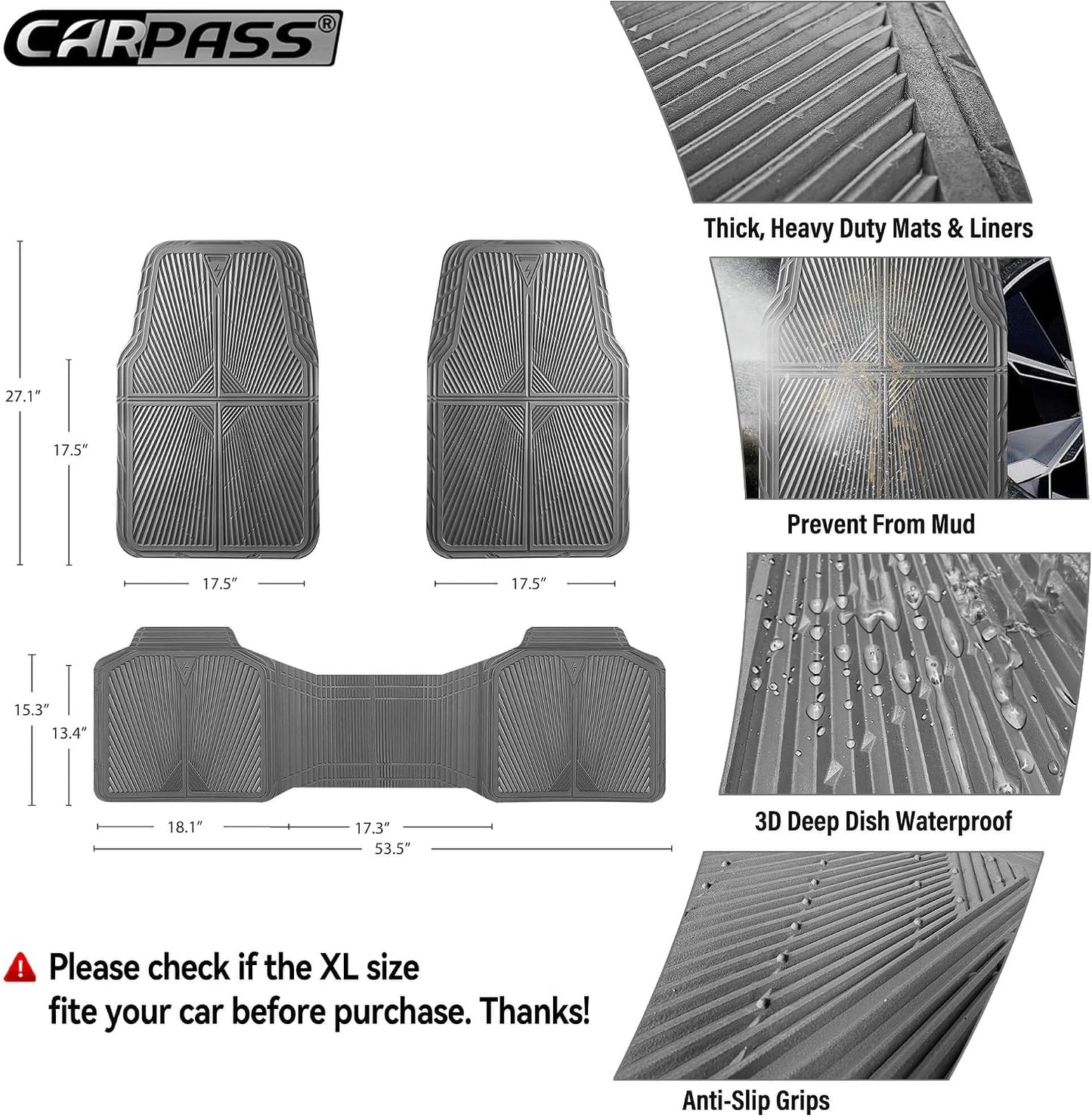 CAR PASS Rubber Floor Mats, All Weather Waterproof Trim-to-Fit Automotive Mats for Cars Trucks SUV, Anti-Slip Easy Clean, Heavy Duty Full Set 3-Piece, All Black
