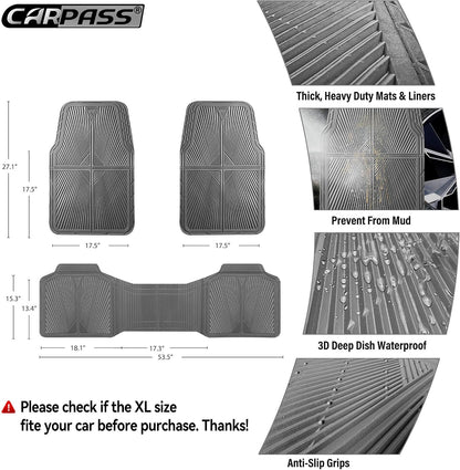CAR PASS Rubber Floor Mats, All Weather Waterproof Trim-to-Fit Automotive Mats for Cars Trucks SUV, Anti-Slip Easy Clean, Heavy Duty Full Set 3-Piece, All Black