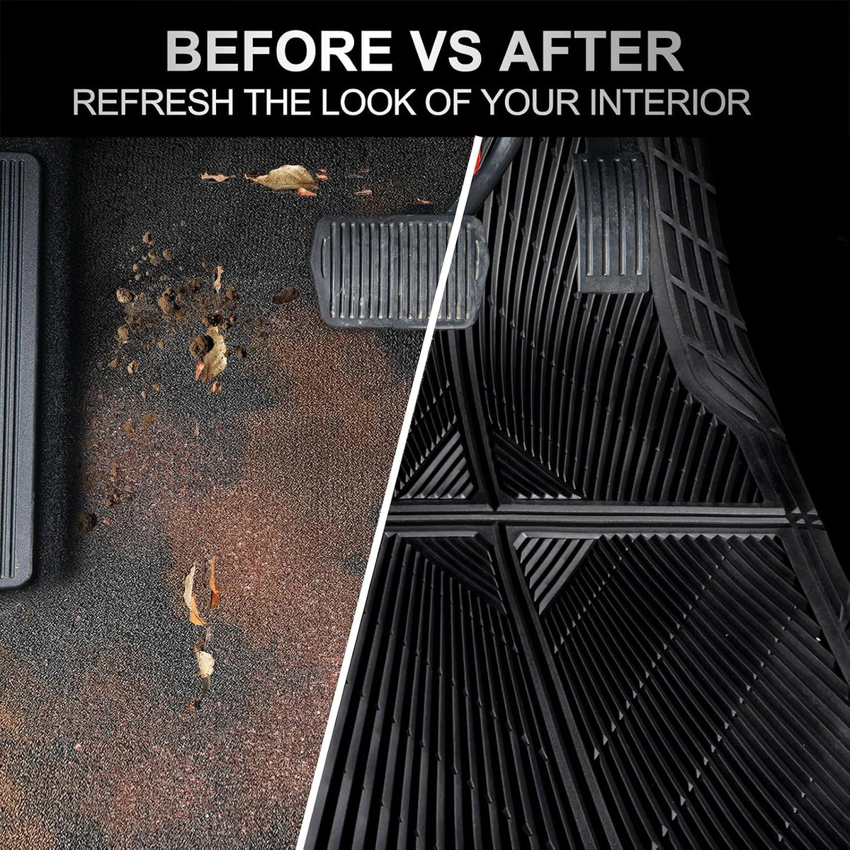 CAR PASS Rubber Floor Mats, All Weather Waterproof Trim-to-Fit Automotive Mats for Cars Trucks SUV, Anti-Slip Easy Clean, Heavy Duty Full Set 3-Piece, All Black