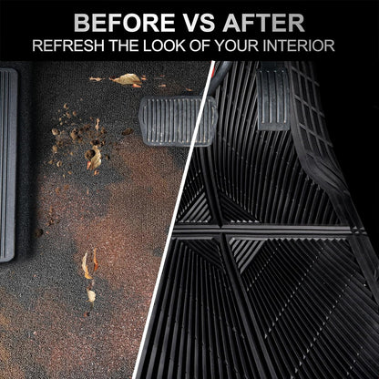 CAR PASS Rubber Floor Mats, All Weather Waterproof Trim-to-Fit Automotive Mats for Cars Trucks SUV, Anti-Slip Easy Clean, Heavy Duty Full Set 3-Piece, All Black