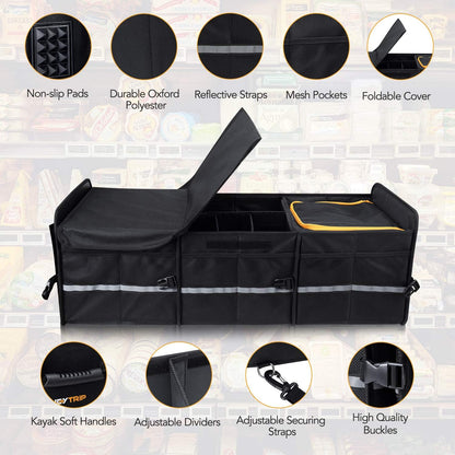 HEYTRIP Large Trunk Organizer With Built-in Leakproof Cooler Bag, 2 Tie-Down Straps, 4 Removable Dividers, Foldable Cover, Built with 2mm PE Board