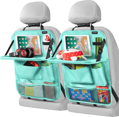 LUCMO Car Backseat Organizer with Tablet Holder,6 Storage Pockets Car Storage Organizer with Foldable Food Tray,Protectors Kick Mats Travel Accessories-Black