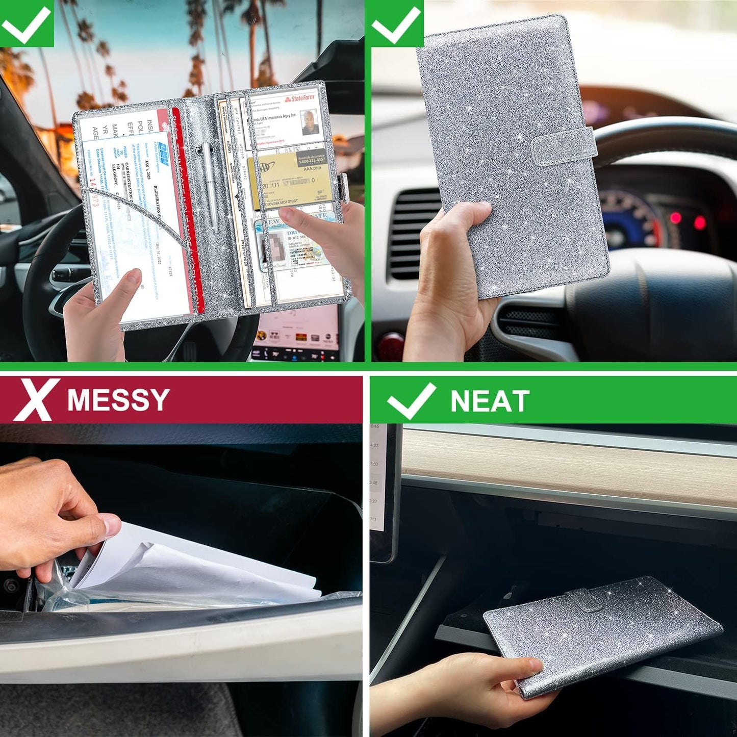 RSAquar Car Registration and Insurance Holder, Vehicle Glove Box Organizer Cool Car Accessories, Auto Truck Document Holder for Cards, Driver License, Black Glitter