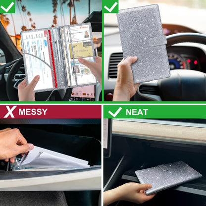 RSAquar Car Registration and Insurance Holder, Vehicle Glove Box Organizer Cool Car Accessories, Auto Truck Document Holder for Cards, Driver License, Black Glitter