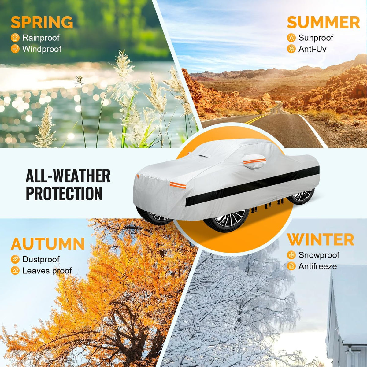 30 Layers Car Cover for Automobiles All Weather Waterproof, Outdoor Snowproof UV Protection Windproof, Door Zipper, Soft Cotton, Heavy Duty Universal Car Covers, (Silver, Fit Sedans 171"-180")