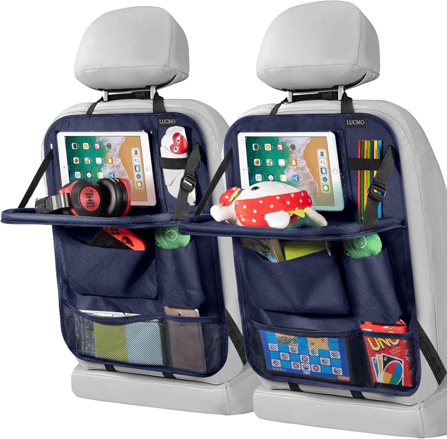 LUCMO Car Backseat Organizer with Tablet Holder,6 Storage Pockets Car Storage Organizer with Foldable Food Tray,Protectors Kick Mats Travel Accessories-Black