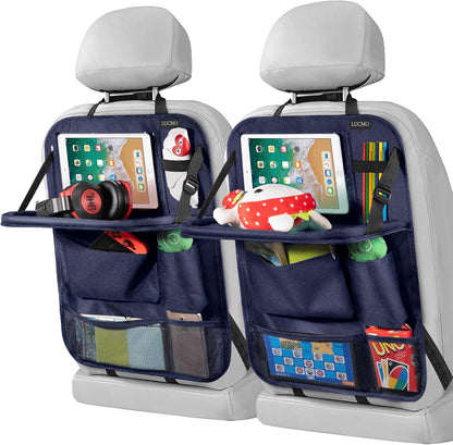 LUCMO Car Backseat Organizer with Tablet Holder,6 Storage Pockets Car Storage Organizer with Foldable Food Tray,Protectors Kick Mats Travel Accessories-Black