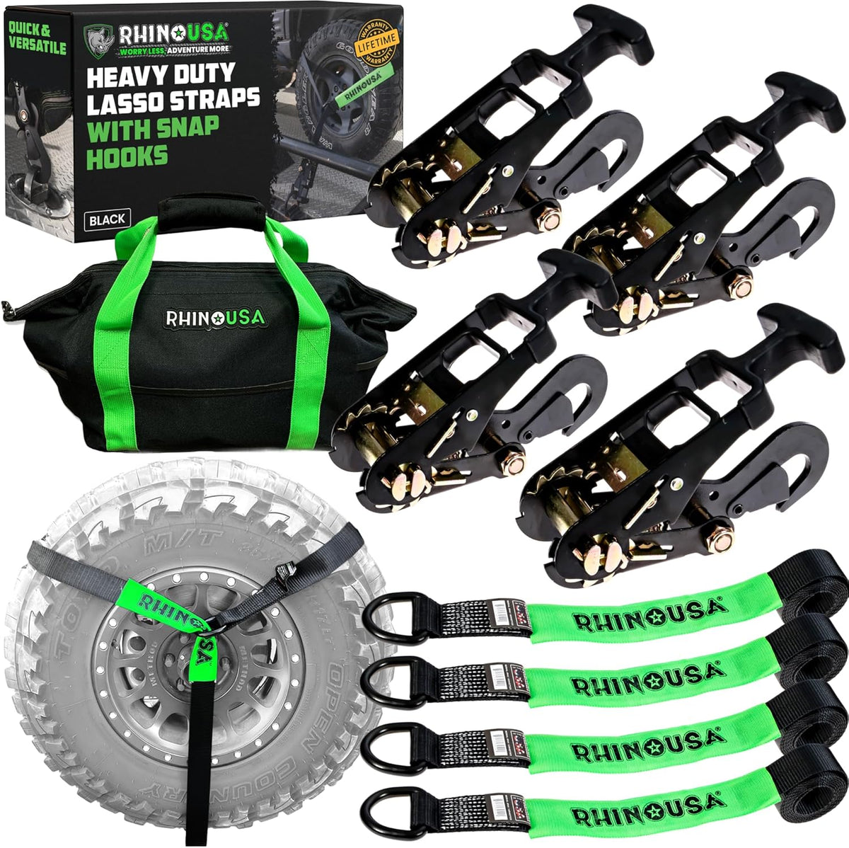 Rhino USA Car Tie Down Straps with J Hooks – 4 Pack 2" x8' – 10,000lbs Break Strength – Heavy Duty T-Handle Car Hauler Tire Lasso Wheel Straps for Trailers, UTV & Powersports – Black