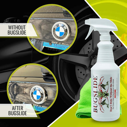 BugSlide 16 Oz Shop Kit Cleaner and Polisher with Microfiber Towel, Spray and Wipe Car Cleaner, Waterless Detailer for Removing Bugs Without Scratching, Shining and Degreasing All Surfaces