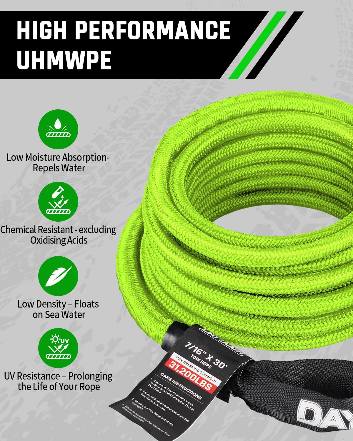 DAYDOOR Recovery Tow Rope Kit with 2 Soft Shackles, 7/16 Inch x 30 ft 31,200 Lbs UHMWPE Tow Strap, Synthetic Towing Rope Recovery Kit for ATV, UTV, SUV, Cars (Gray)