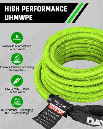 DAYDOOR Recovery Tow Rope Kit with 2 Soft Shackles, 7/16 Inch x 30 ft 31,200 Lbs UHMWPE Tow Strap, Synthetic Towing Rope Recovery Kit for ATV, UTV, SUV, Cars (Gray)