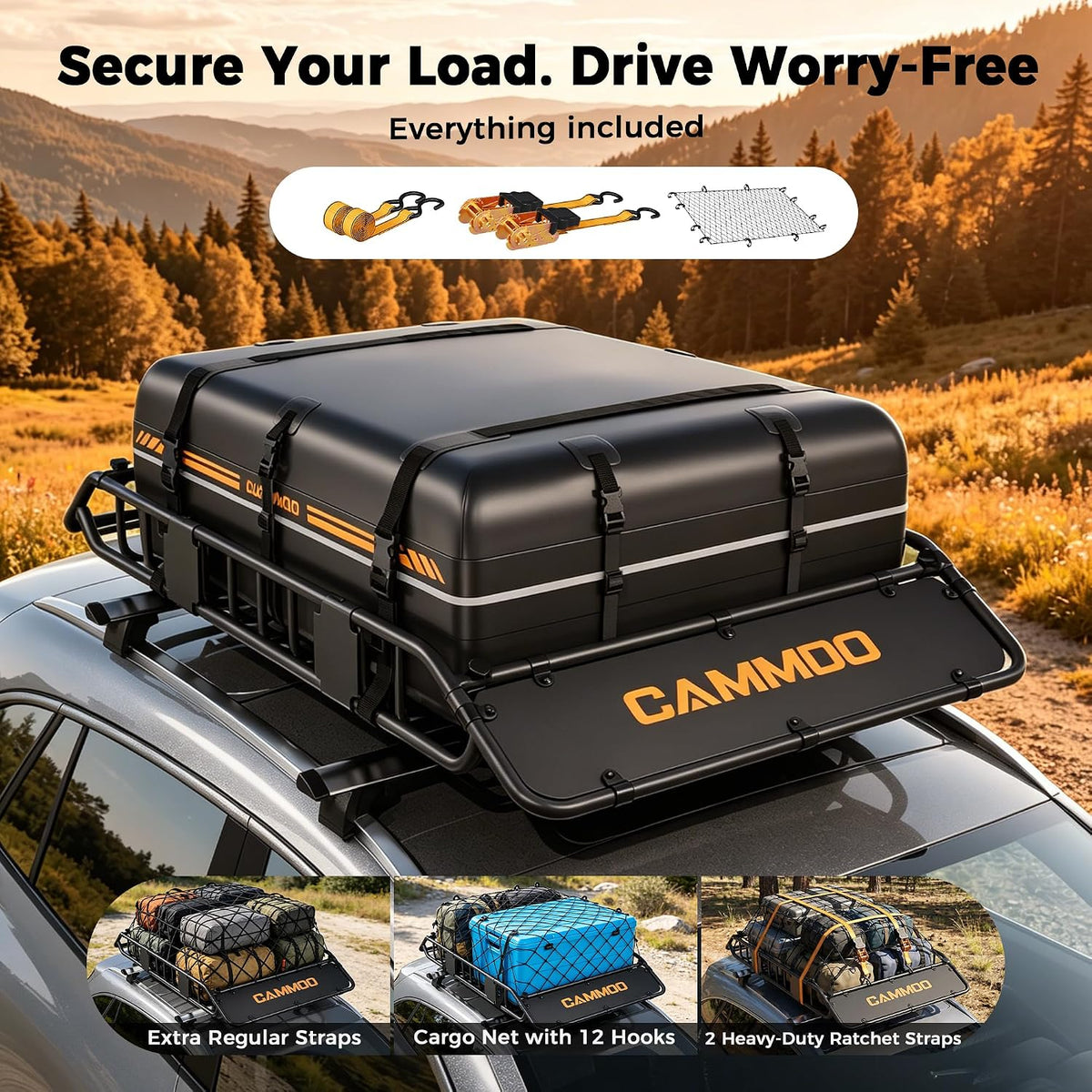 CAMMOO 54"x34" Roof Rack Basket, Removable Fairing & Support Bars for Kayaks/Long Gear, 15 Cu.Ft Waterproof Soft Bag+Lock+Net+Strap–200Lbs Capacity Rooftop Cargo Carrier for SUV Truck Camping
