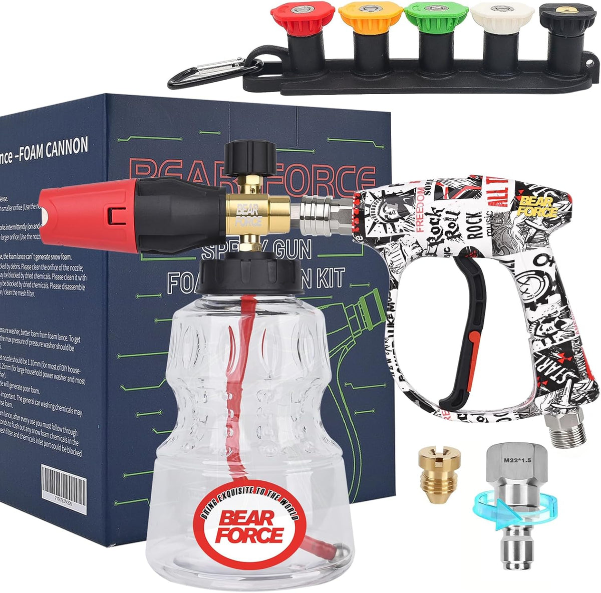 BEAR FORCE Pressure Washer Short Spray Gun M22-ID14mm Max 3000 PSI & Foam Cannon Foam Gun with 5 Tips #035 & 3/8'' Quick Connector Swivel, Additional Orifice Nozzle 1.10mm, Car Care Detailing