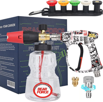 BEAR FORCE Pressure Washer Short Spray Gun M22-ID14mm Max 3000 PSI & Foam Cannon Foam Gun with 5 Tips #035 & 3/8'' Quick Connector Swivel, Additional Orifice Nozzle 1.10mm, Car Care Detailing