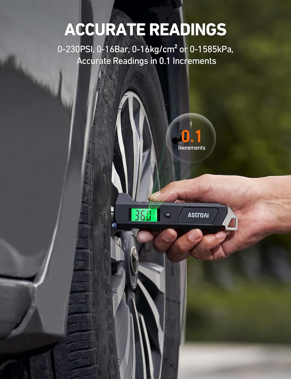 AstroAI Heavy Duty Digital Tire Pressure Gauge 0-230 PSI Calibrated to ANSI B40.7 Grade 2A (0.5%) with Backlit LCD & Flashlight, Stainless Steel for Truck RV Car Motorcycle Bike