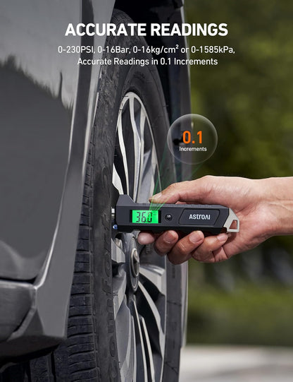 AstroAI Heavy Duty Digital Tire Pressure Gauge 0-230 PSI Calibrated to ANSI B40.7 Grade 2A (0.5%) with Backlit LCD & Flashlight, Stainless Steel for Truck RV Car Motorcycle Bike
