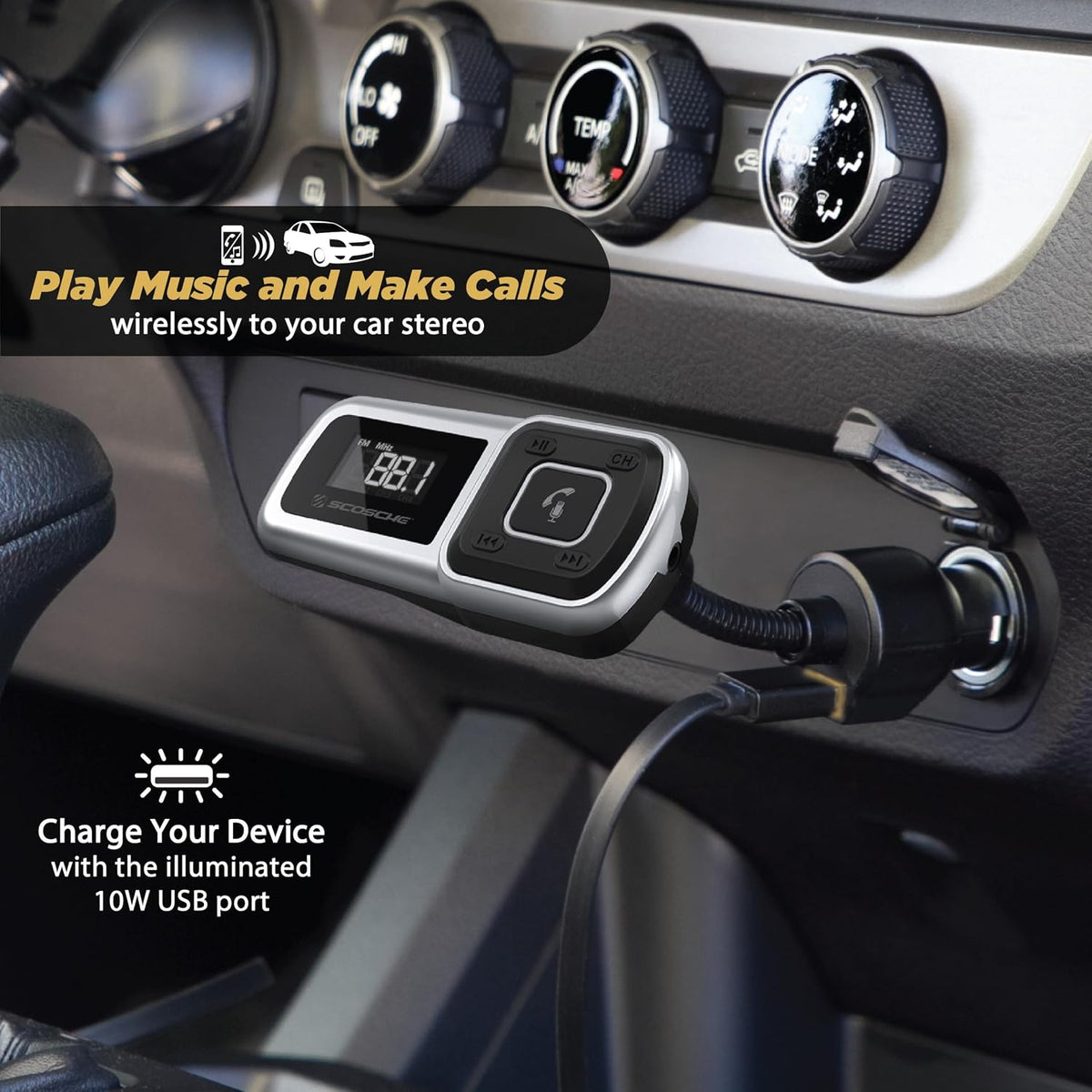 Scosche BTFM9 FM Bluetooth Transmitter Car, Dual 12W USB-C and USB-A Charging Ports, Fast Type C Car Charger, Wireless Radio Bluetooth Adapter, Hands-Free Kit for Calls, Siri and Google Assistant