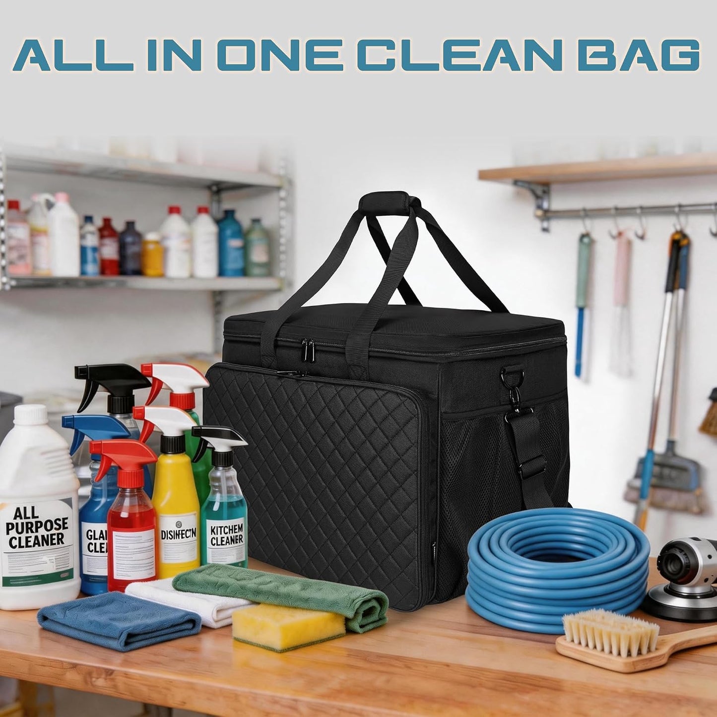 Large Car Detailing Organizer with Hard Pad Support, Car Detailing Bag with Multiple Pockets, Cleaning Bags for Housekeepers, Cleaning Supply Bag, Black