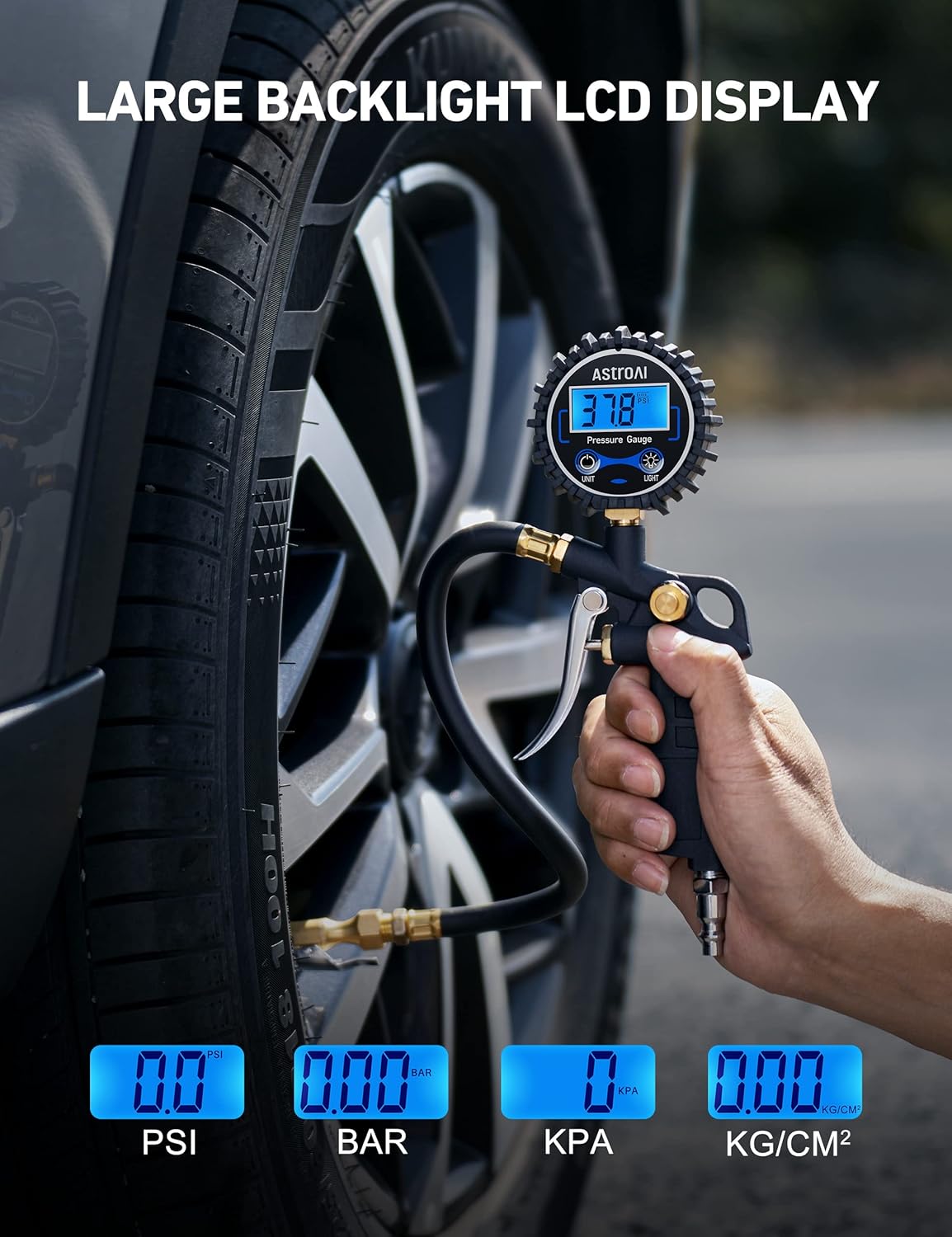 AstroAI Digital Tire Pressure Gauge with Inflator, 3-250 PSI Air Chuck & Compressor Accessories Heavy Duty with Quick Connect Coupler, 0.1 Display Resolution, 1Pack Standard