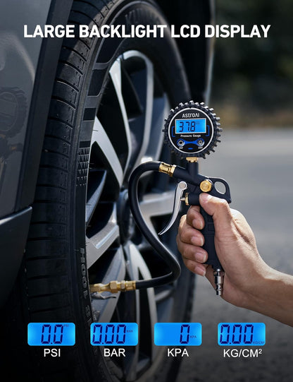 AstroAI Digital Tire Pressure Gauge with Inflator, 3-250 PSI Air Chuck & Compressor Accessories Heavy Duty with Quick Connect Coupler, 0.1 Display Resolution, 1Pack Standard