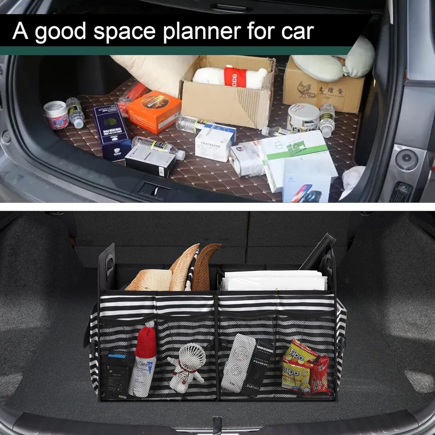 Femuar Car Trunk Organizer with Large Capacity Waterproof Car Accessories for Women & Men, Collapsible Trunk Organizer for Suv/Jeep/Sedan,Tools (Black, Standard)