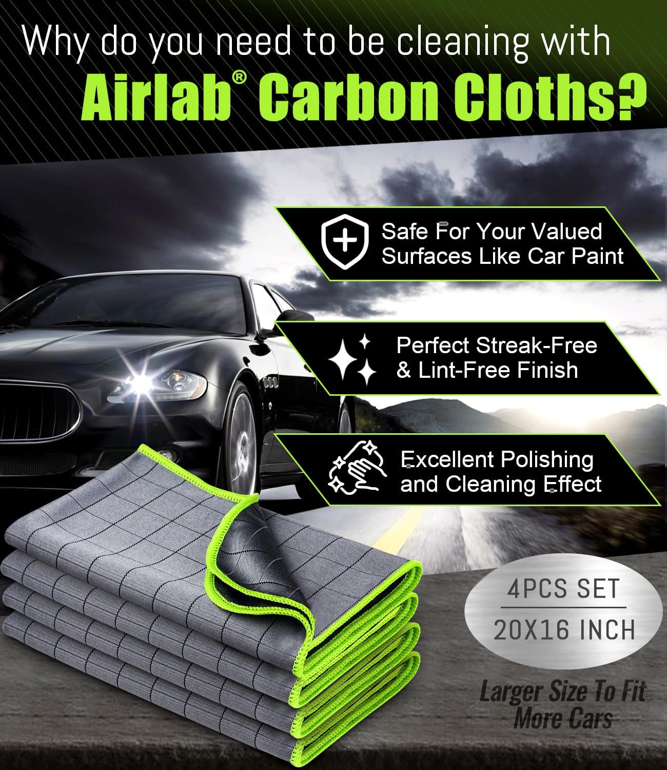 Airlab Microfiber Towels for Cars Wash Drying Thick Plush Cleaning Cloth Auto Detailing Super Absorbent for Interior & Exterior Lint Free, Streak Free, 16" X 16", 800 GSM, Pack of 4