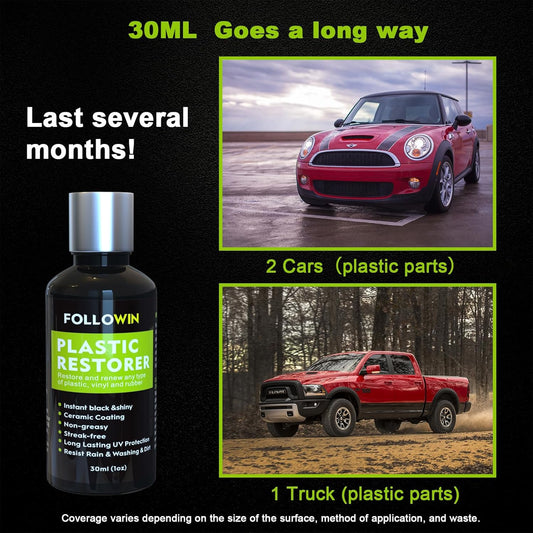 FOLLOWIN Plastic Restorer for Cars, Professional Ceramic Trim Restorer for Black Plastic Trim Restoration, Non Greasy Formula, Streak Free Finish to Plastic, Rubber & Vinyl on Truck, SUV and RV, 30ml