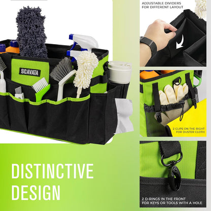 SCAVATA Wearable Cleaning Caddy Bag, Supplies Organizer with Handle & Shoulder Straps for Housekeepers, Under Sink & Car Cleaning Tool Organizer with 4 Foldable Dividers (Black)