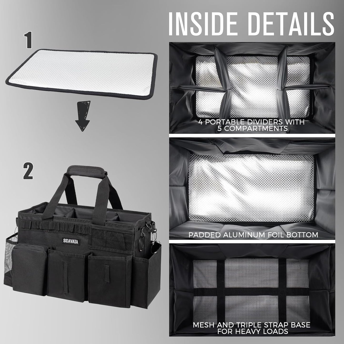 SCAVATA Wearable Cleaning Caddy Bag, Supplies Organizer with Handle & Shoulder Straps for Housekeepers, Under Sink & Car Cleaning Tool Organizer with 4 Foldable Dividers (Black)