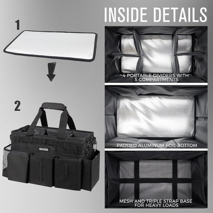 SCAVATA Wearable Cleaning Caddy Bag, Supplies Organizer with Handle & Shoulder Straps for Housekeepers, Under Sink & Car Cleaning Tool Organizer with 4 Foldable Dividers (Black)