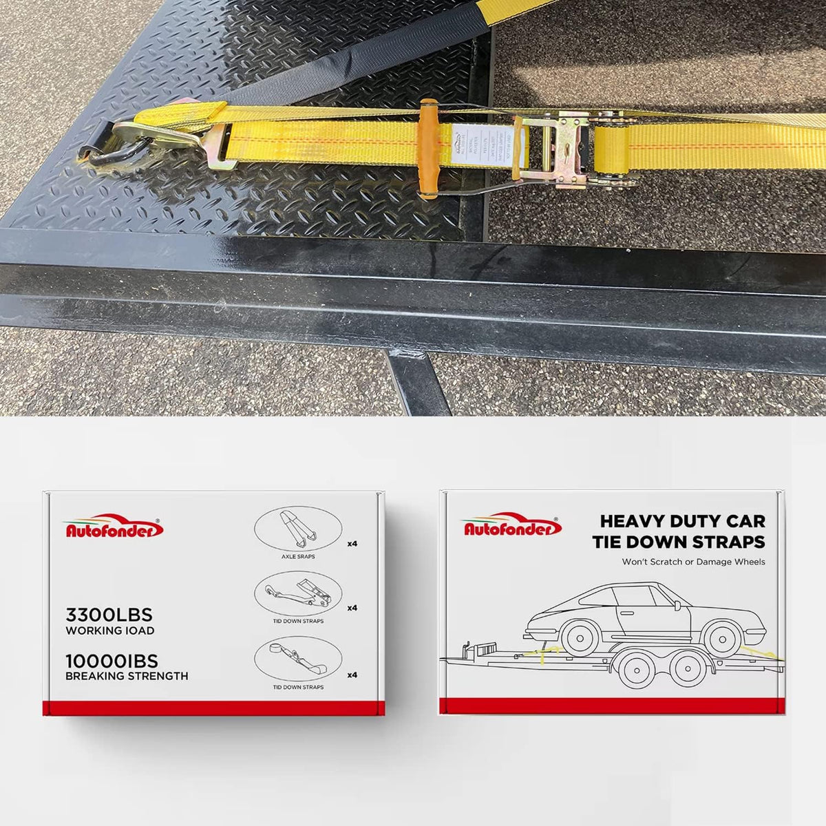 Heavy Duty Adjustable Car Tie Down Kit with Snap Hooks -Break Strength 10,000 lbs-Working Load 3333 lbs-Bonus Includes 4 Pack 36" Axle Straps with D-Ring(Yellow)