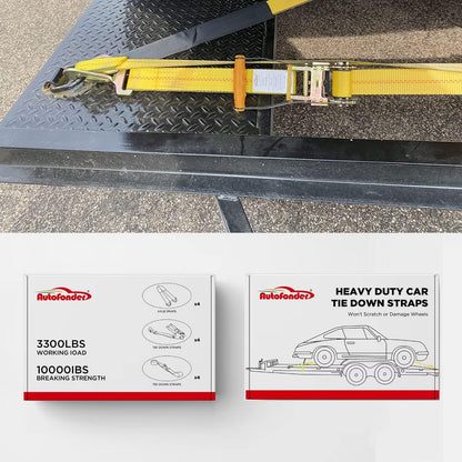 Heavy Duty Adjustable Car Tie Down Kit with Snap Hooks -Break Strength 10,000 lbs-Working Load 3333 lbs-Bonus Includes 4 Pack 36" Axle Straps with D-Ring(Yellow)