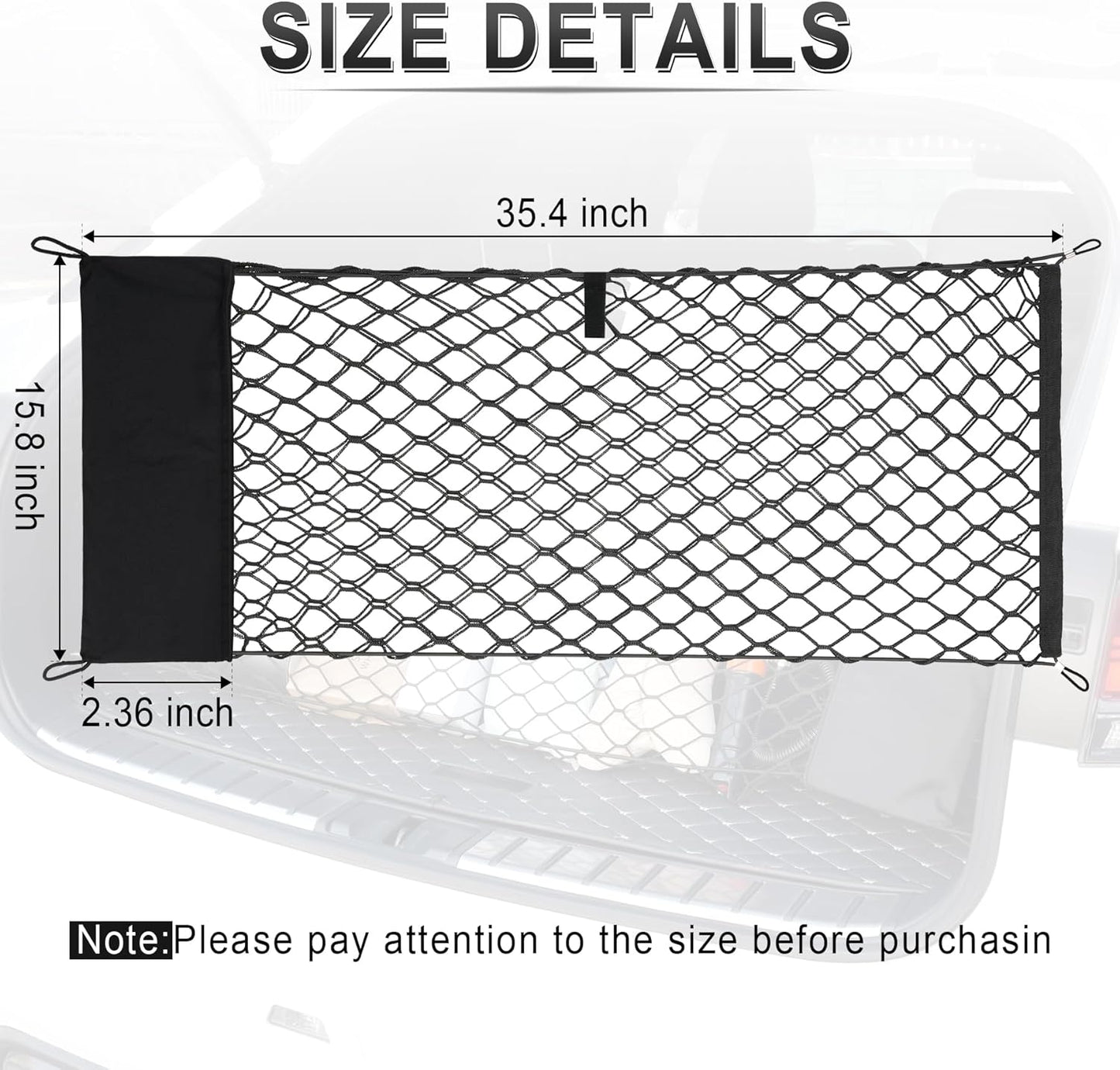 Amiss Cargo Net Stretchable, Car Exterior Accessories, Adjustable Elastic Trunk Storage Net with Hook for SUVs, Cars and Trucks (35.4x15.8 Inch)