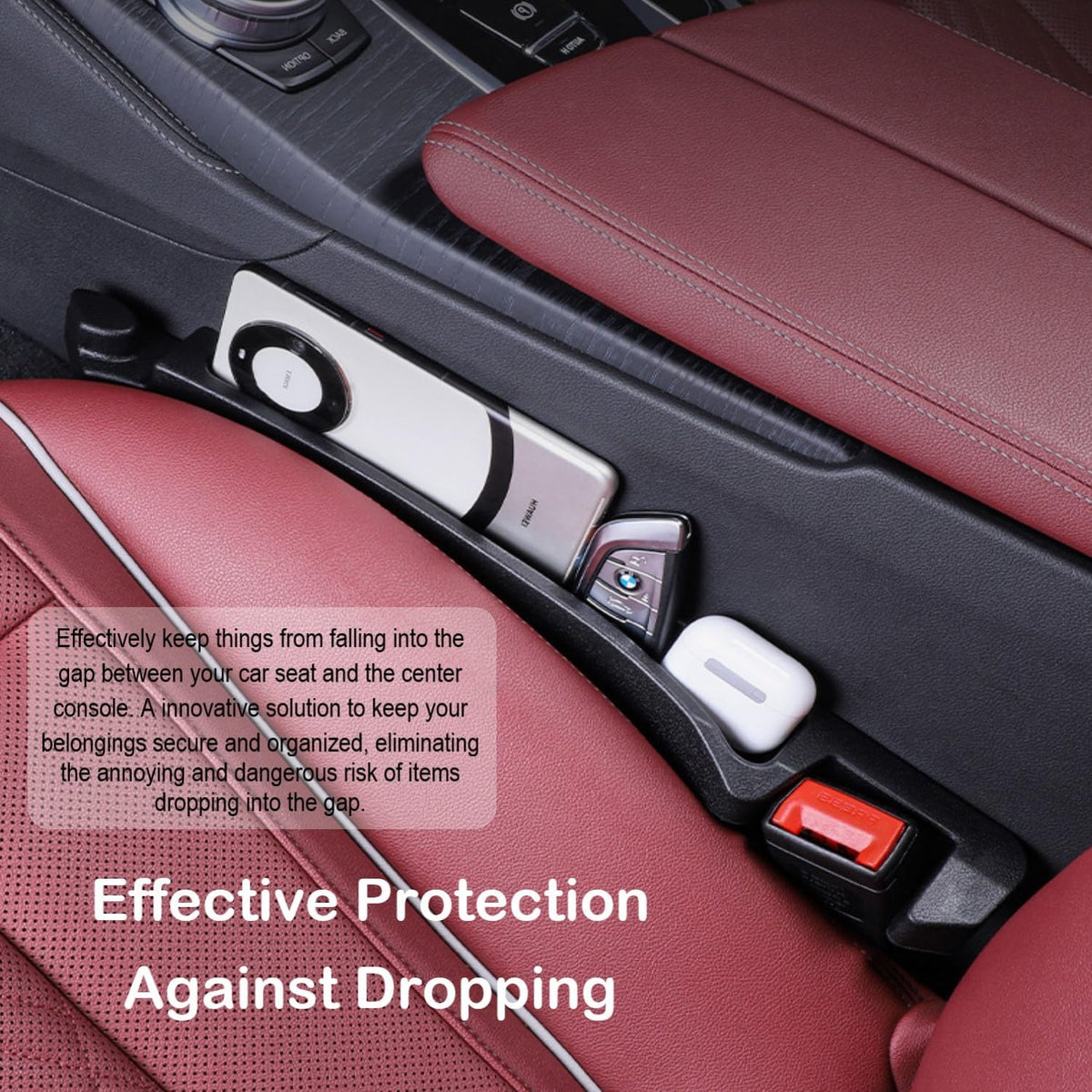 Car Seat Gap Plug with Storage Slot, Auto Gap Filler Organizer with Cup Holder, Universal Carseat Side Gap Filler Strip 2 Pack Between Front Seats & Console, Anti-Drop Pad with Seatbelt Holes, Black