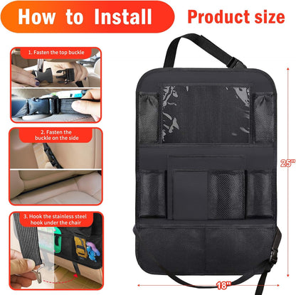 2Pack Car Backseat Organizer with Foldable Table Tray,6 Storage Pockets Car Storage Organizer with Tablet Holder,Car Seat Back Protectors Kick Mats Travel Accessories (Black)