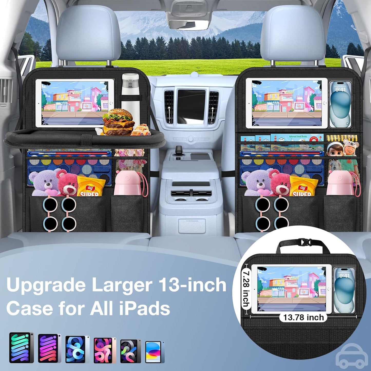 Car Backseat Organizer with table Tray(1Pack) 9 Storage Pockets Backseat Car Organizer with Tablet Holder, Back seat Organizer for Kids Road Trip Essentials Travel