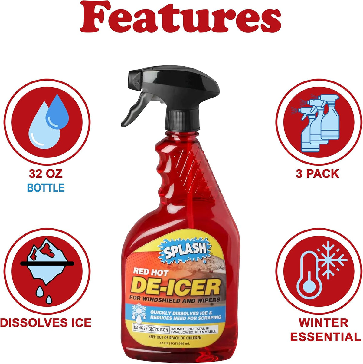Splash Red Hot De-icer Windshield Trigger Spray 32 Ounces (Pack of 3)