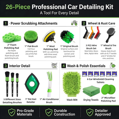 26Pcs Car Detailing Kit – Car Cleaning Kit, Car Wash Kit, Car Detailing Brush Set, Drill Brush Attachments for Cleaning, Car Cleaning Supplies for Interior, Exterior, Wheels, Green