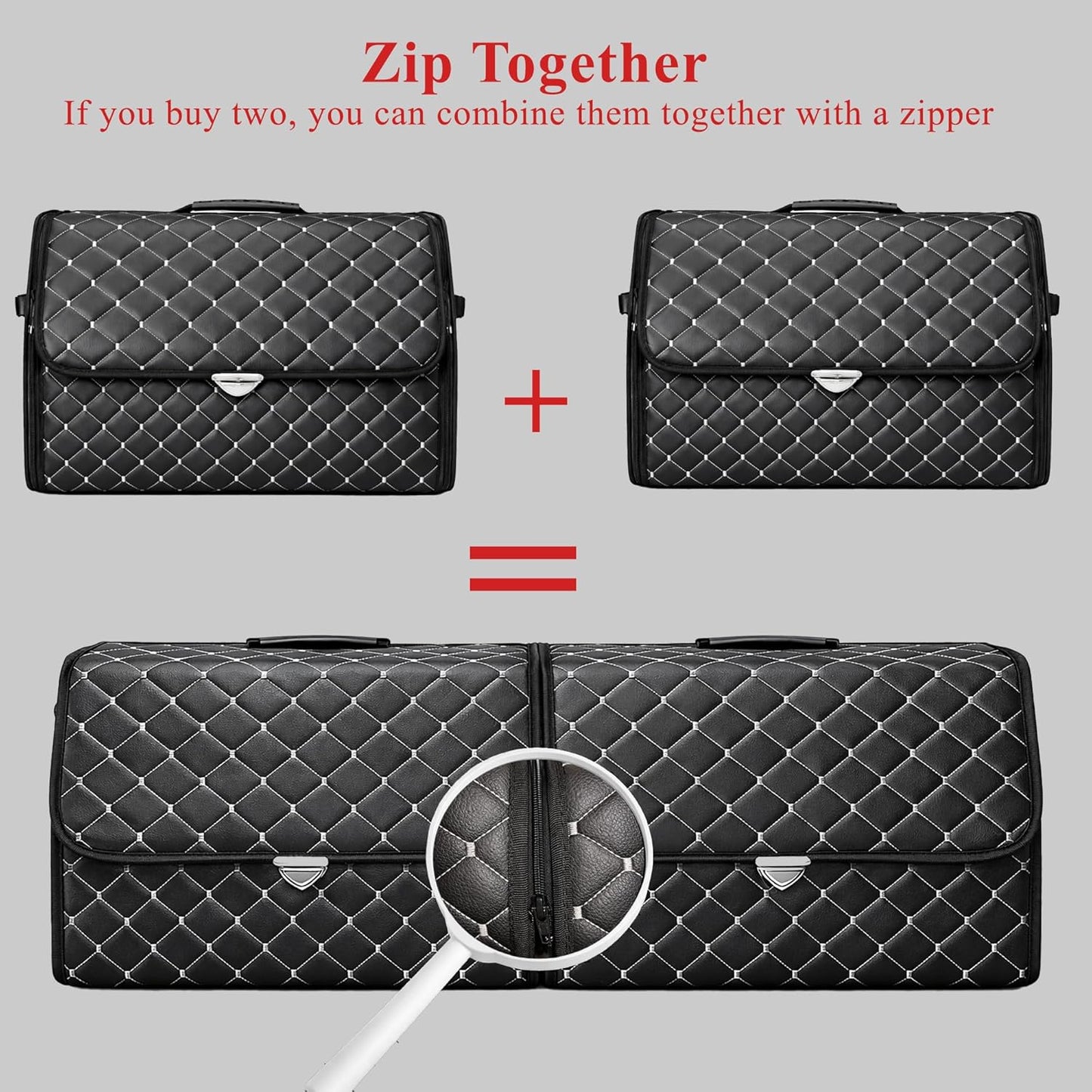 Leather Trunk Organizer with Lid for Suv and more, Foldable Car Organizer, Car Organizers and Storage with Pockets, Non-Slip Design (Black-Black)