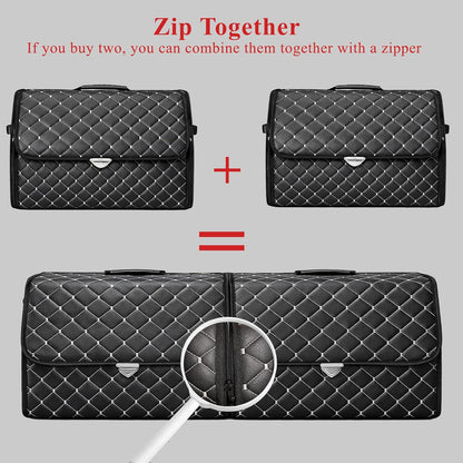 Leather Trunk Organizer with Lid for Suv and more, Foldable Car Organizer, Car Organizers and Storage with Pockets, Non-Slip Design (Black-Black)