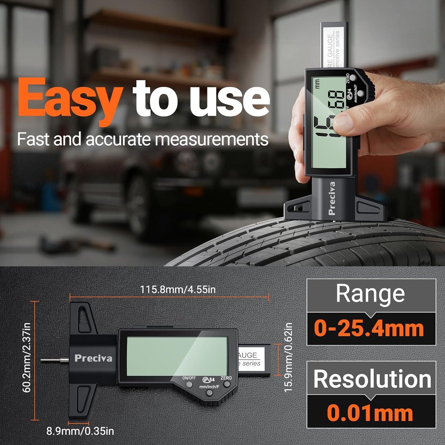 Preciva Tire Tread Depth Gauge, Digital Tire Depth Gauge with Large LCD Display and Inches, Millimeters, Fraction Conversion, Tread Depth Gauge Suitable for Thread Depth, Brake Shoe and Pad Wear