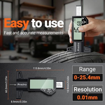 Preciva Tire Tread Depth Gauge, Digital Tire Depth Gauge with Large LCD Display and Inches, Millimeters, Fraction Conversion, Tread Depth Gauge Suitable for Thread Depth, Brake Shoe and Pad Wear