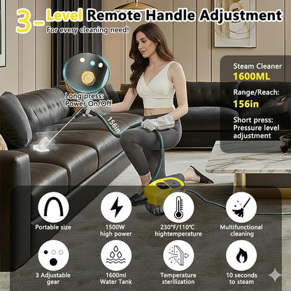 2026 New 3 Level Adjustable Pressurized Handheld Steam Cleaner for Home, 10s Heat-Up Handheld Steamer for Cleaning, 1.6 Qt Tank Portable Steam Cleaner Handheld for Car (Yellow, 1 Set)