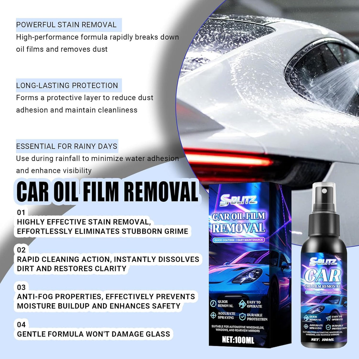 Car Oil Film Removal Spray, Clear Vision Glass Cleaner, 100ml Clear Vision Windshield Cleaner with Microfiber Cloths, Quick Coating for Automotive Windows and Rearview Mirrors