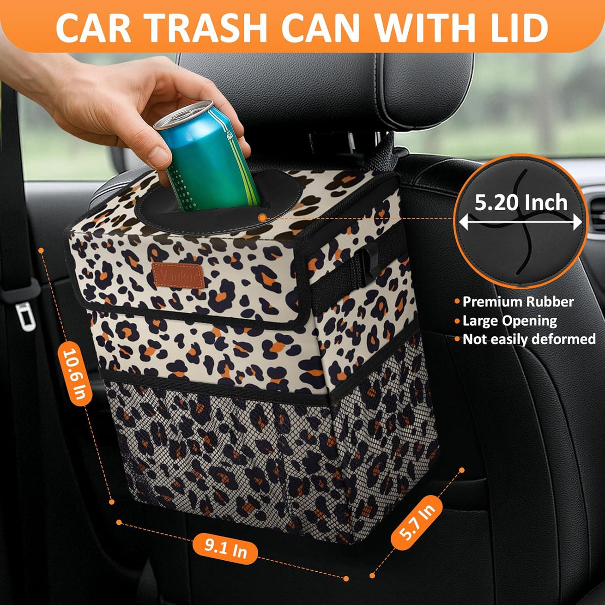 Vankor Car Trash Can Bin with Lid Hanging for Back Seat, Car Accessories for Women Men Leak Proof Automotive Garbage Cans Leakproof Vehicle Trash Can for Truck SUV Black