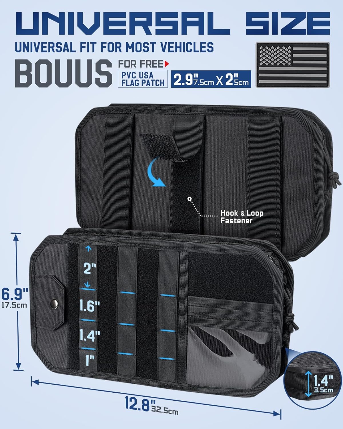 Molle Car Sun Visor Organizer with Zipper Storage Pouch & Glasses Holder, Auto Semi-Rigid MOLLE Panel for Police Gear & Overland Accessories, Fit Most Cars, Trucks, Patrols & Vans