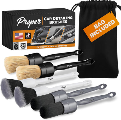Premium Car Detailing Brush Set - Professional 3 Pack Kit Detail Brushes with Soft Boars Hair Bristles for Auto Interior & Exterior - for Cleaning Leather Seats, Air Vents, Wheels & Emblems