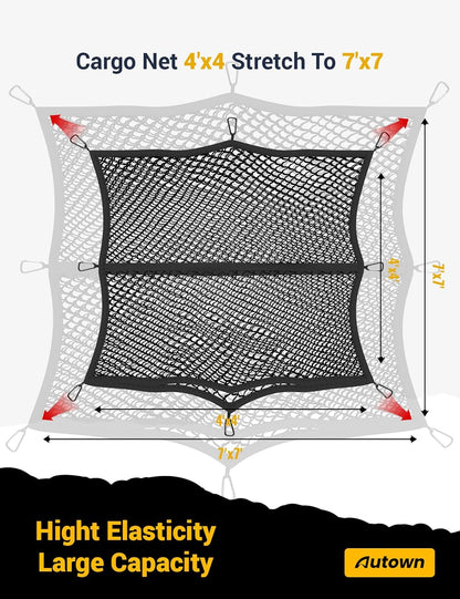 AUTOWN Cargo Net for Pickup Truck Bed - Stretchable 4'x4' to 7'x7', High Elastic Fine Mesh 1''x1'' with 8 Metal Carabiners - Ideal for ATV, SUV, UTV, Truck and Boat Use (Single Layer)