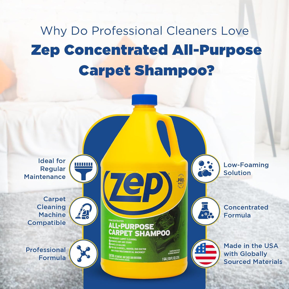 Zep All-Purpose Carpet Shampoo Concentrate Cleaner - 1 Gallon - ZUCEC128 - Professional Formula Removes Dirt and Stains
